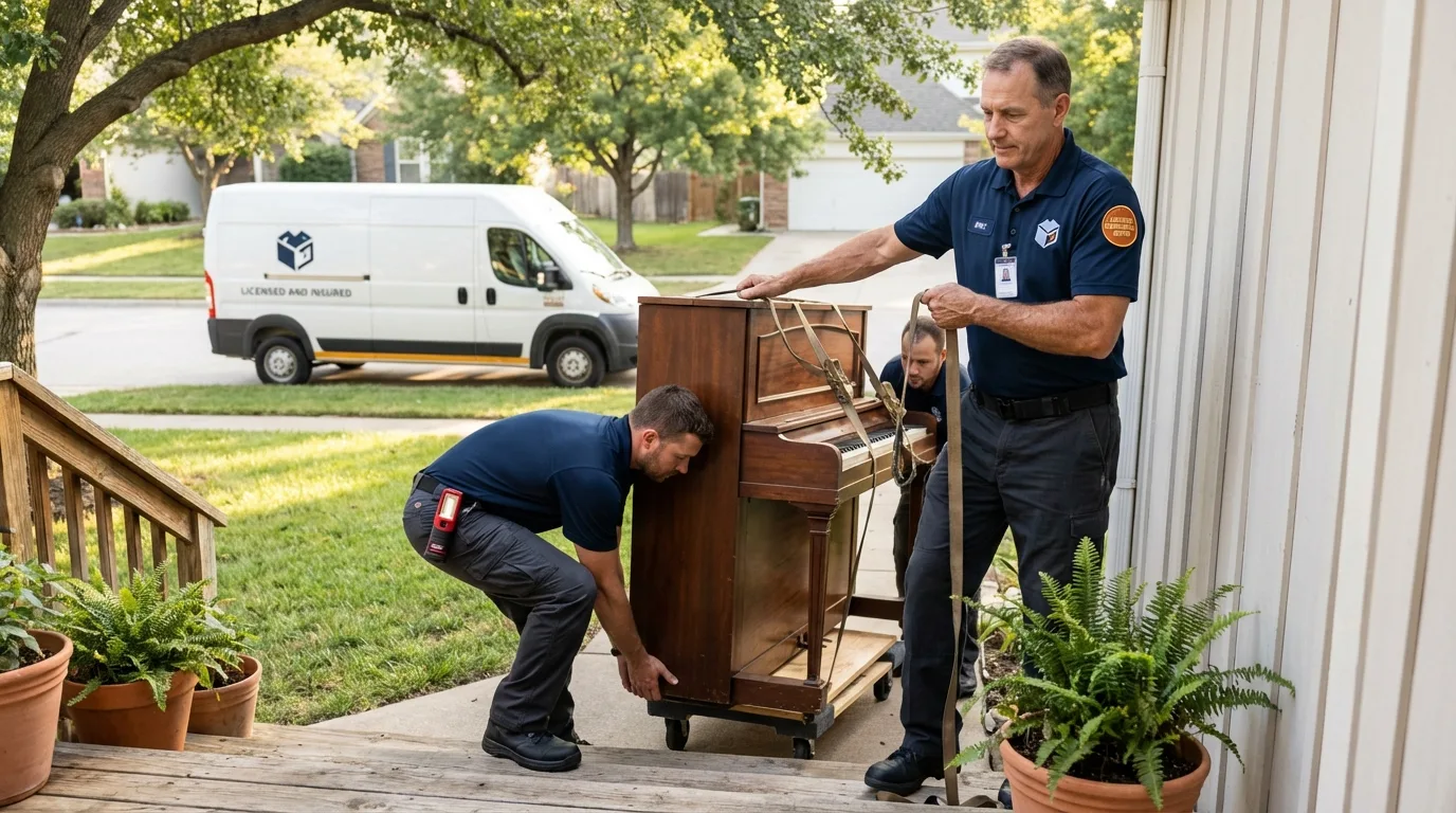 Licensed piano movers securing grand piano in Guthrie, OK
