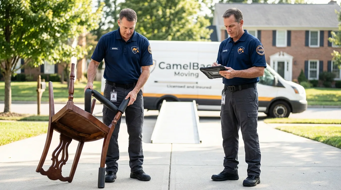 Movers inspecting furniture for damage prevention before loading in Guthrie, OK