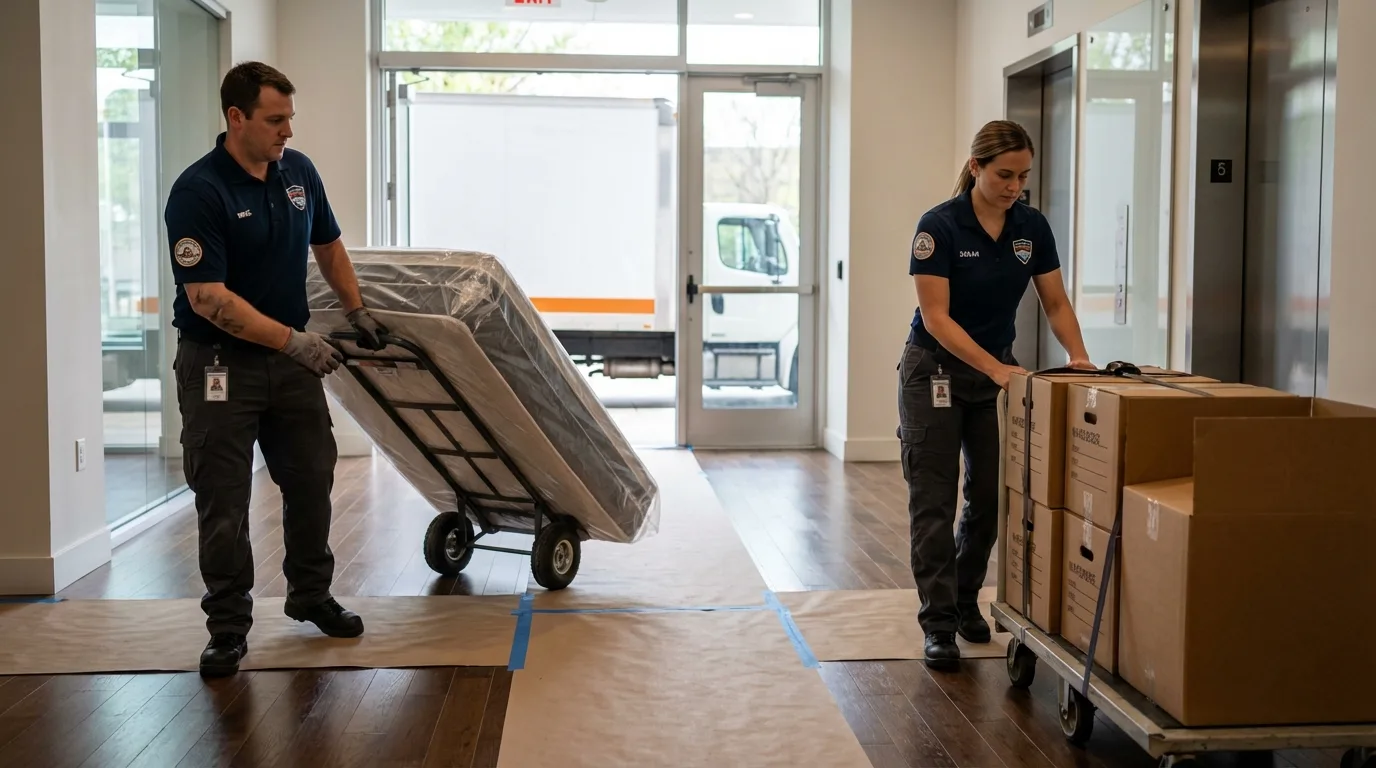 Professional apartment movers loading elevator in Guthrie, OK