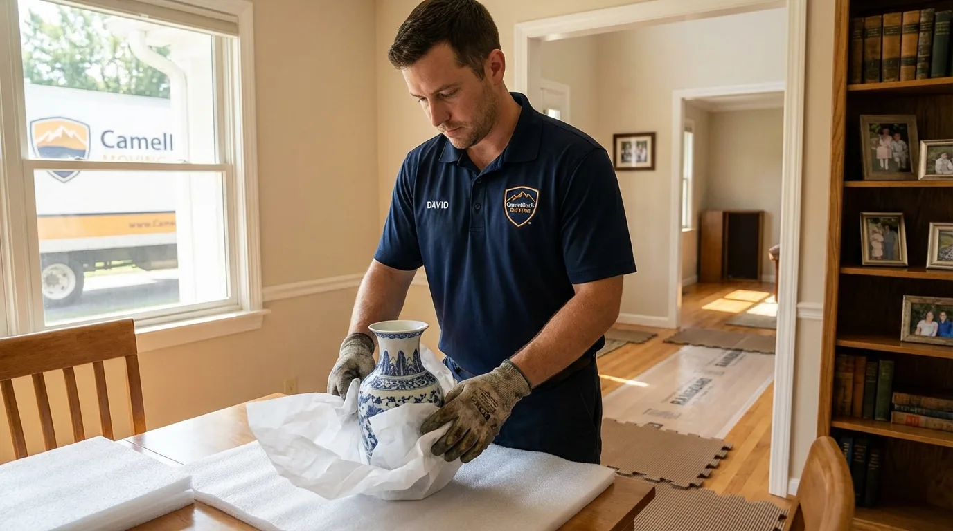 Professional crew carefully wrapping antique vase for senior downsizing move in Guthrie, OK